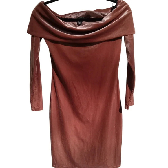 4/$15 Faux Velvet Brown/Pink Mini Off the Shoulder Bodycon Dress Forever 21 Sz M - Picture 1 of 5
